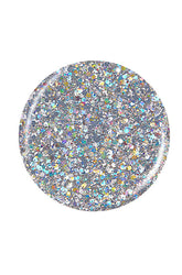 Glossy silver glitter circle nail polish sample color swatch lay on a plain scene